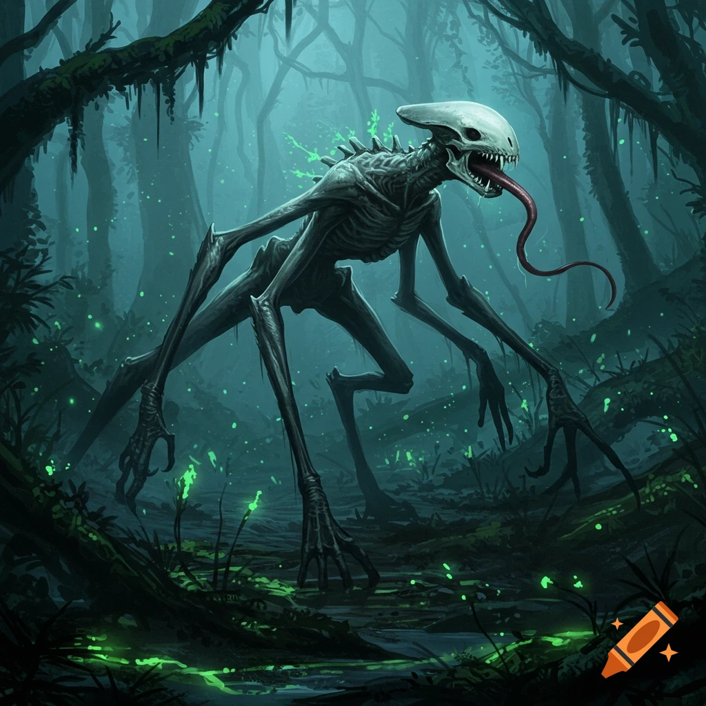 A skeletal monster with a skull head, six long legs, sharp teeth, and a long tongue in a mystical, glowing green swamp forest.