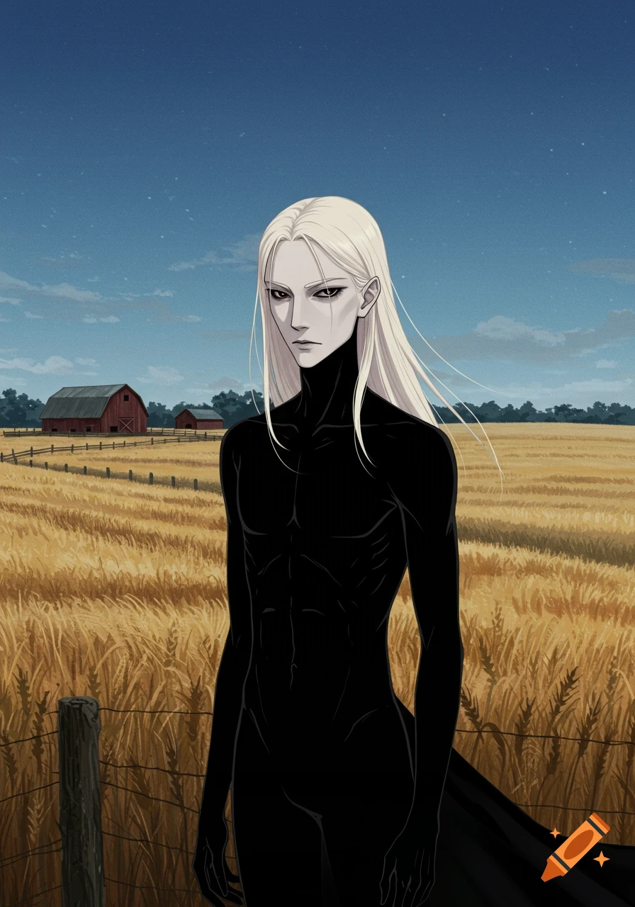Anime-style pale man with long blond hair in black, standing in a wheat field with barns under a blue sky.