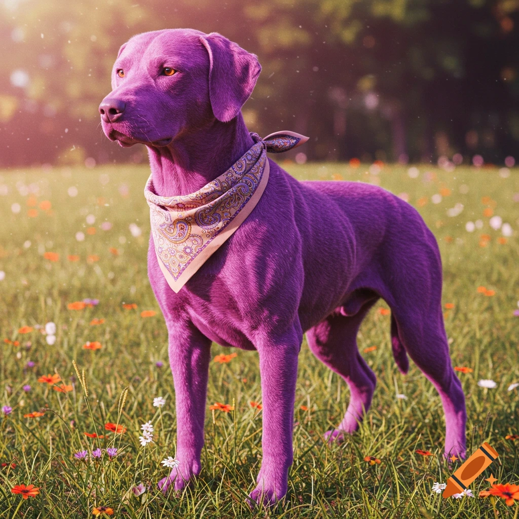 A realistic purple dog wearing a patterned bandana stands in a sunny field of green grass and wildflowers.
