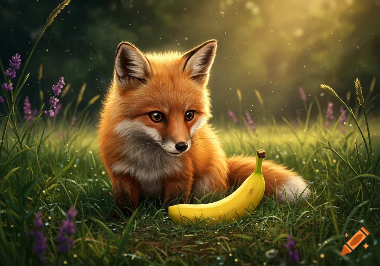 A cute, fluffy fox sits in a grassy field with lavender flowers, looking at a banana. Stylized illustration with soft lighting.