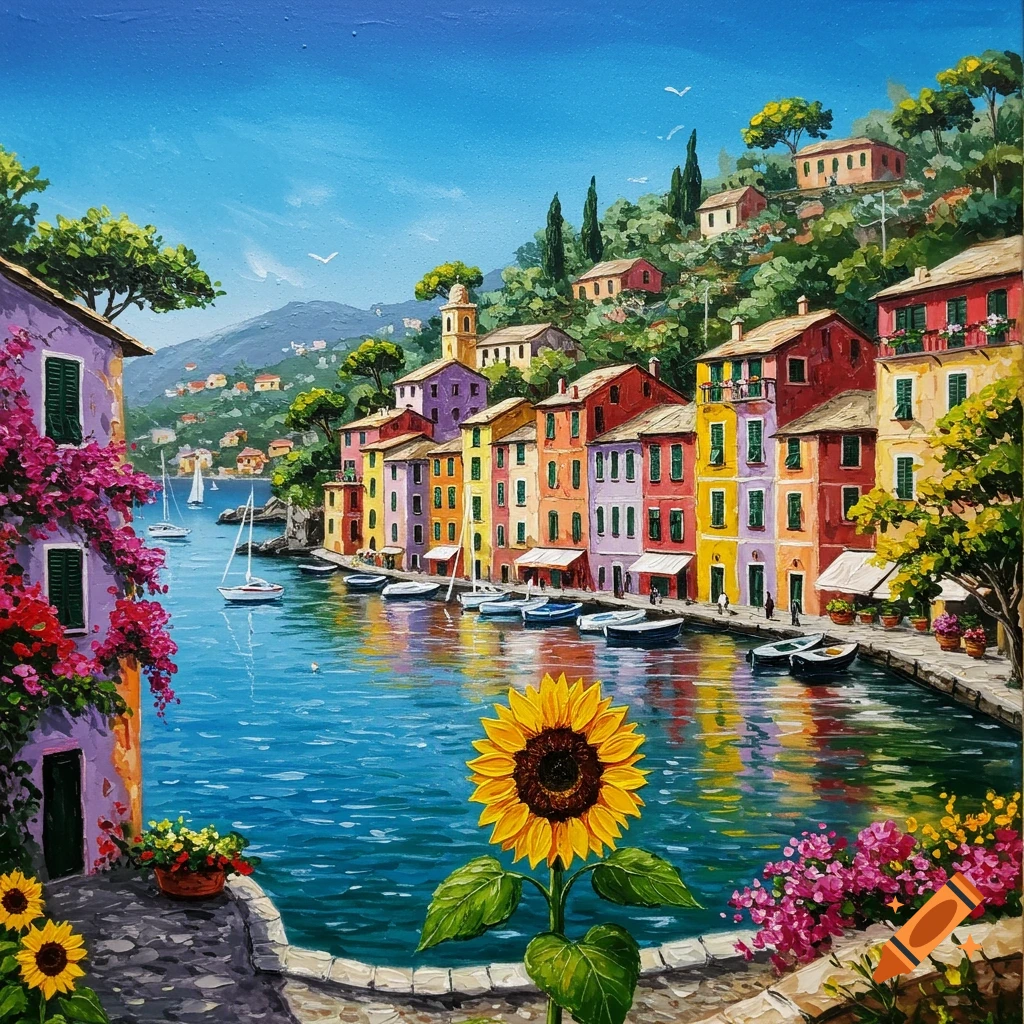 Vibrant oil painting of a colorful coastal town with boats on blue water, bougainvillea, and a large sunflower.