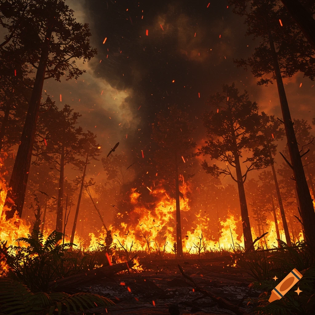 A photorealistic low-angle view of a dense forest engulfed in a massive, raging fire with smoke and embers filling the air.