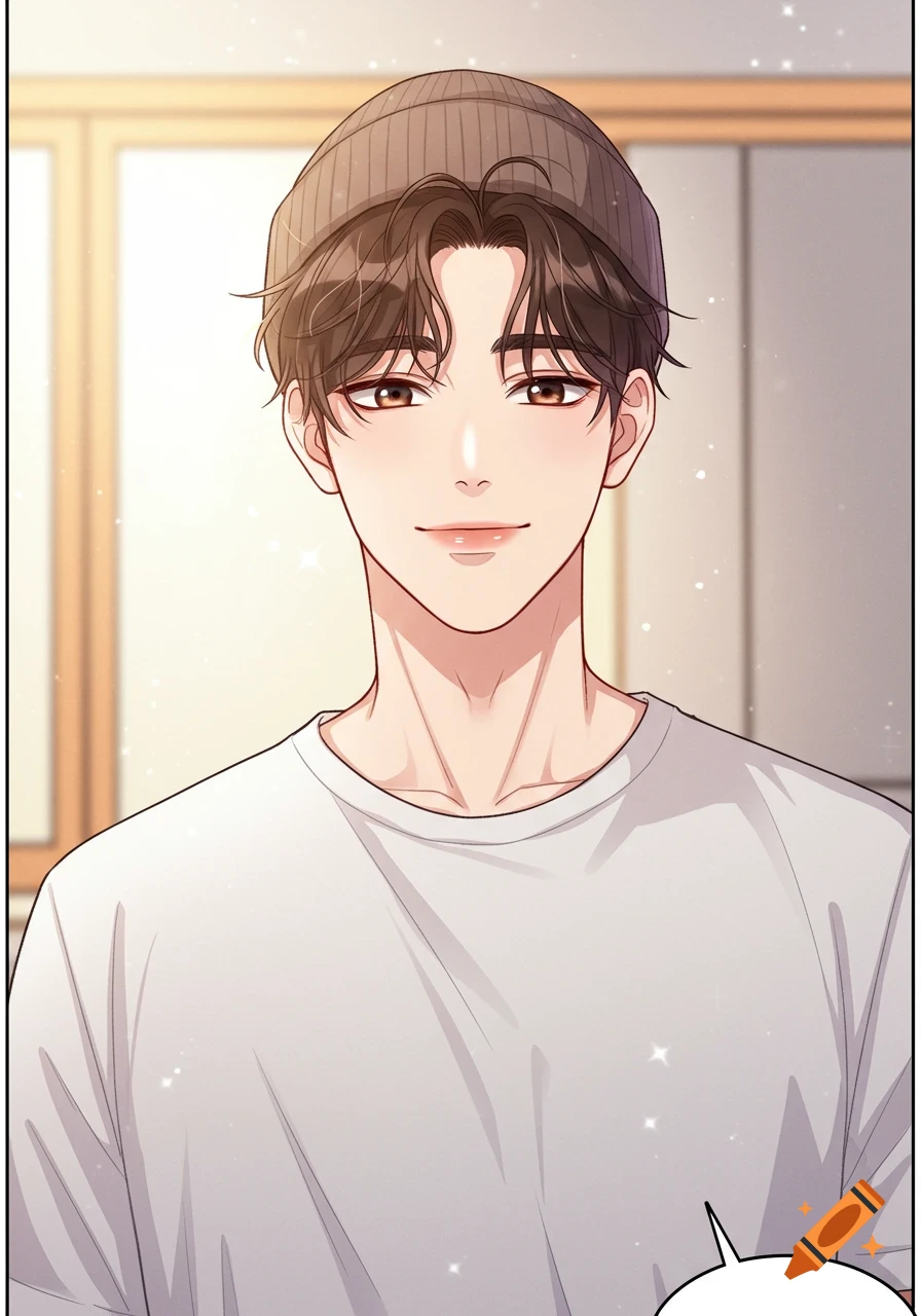 A handsome young man in a beanie and white t-shirt smiles softly in a semi-realistic manhwa art style.