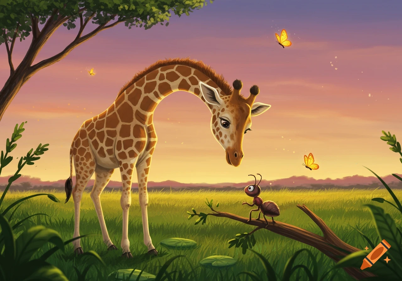 A cartoon giraffe with a long neck bends down to look at a tiny ant on a branch in a vibrant green field at sunset.