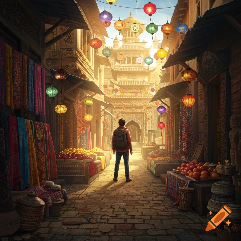 A person with a backpack stands in a vibrant, lantern-lit market street with ornate buildings.