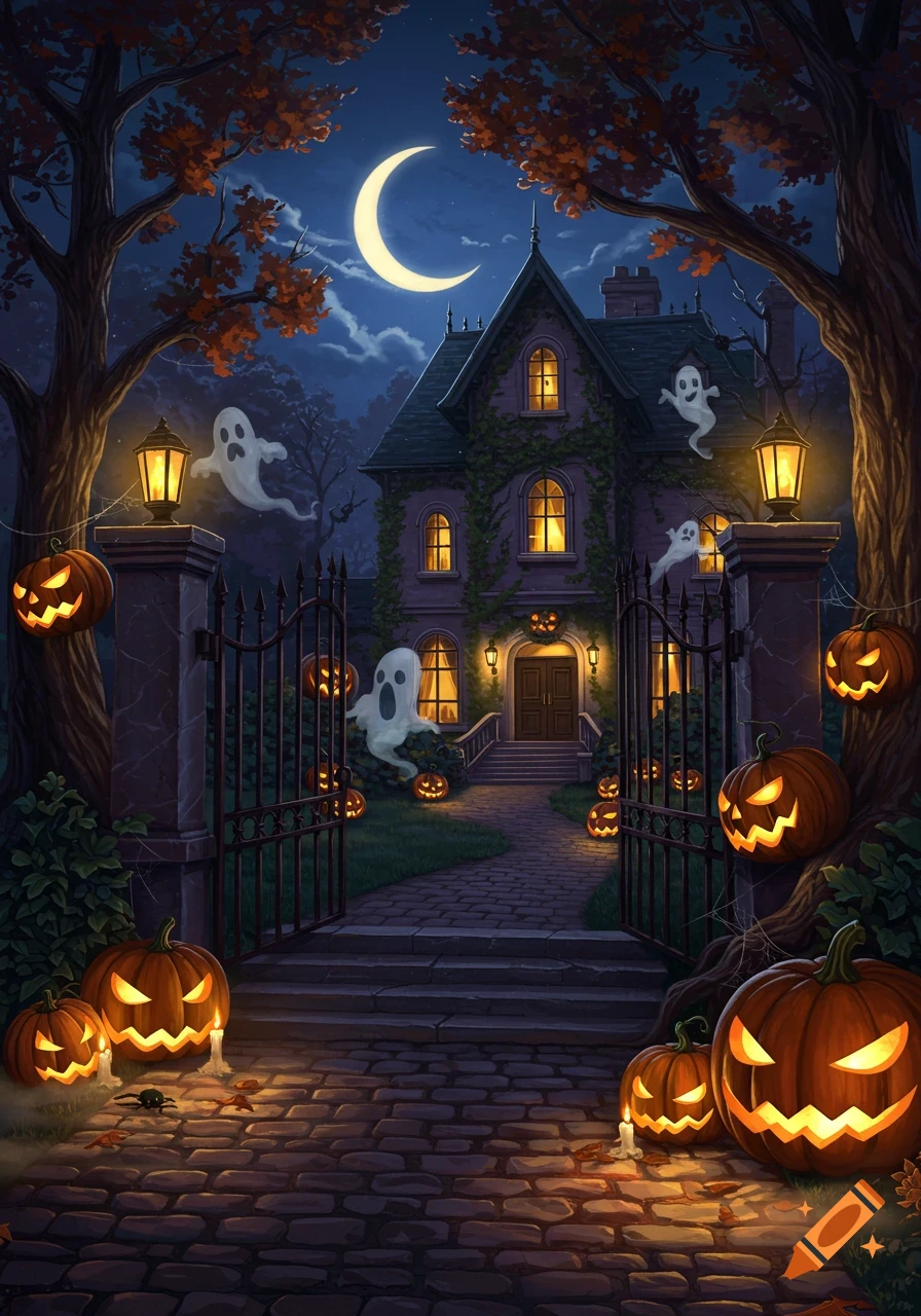 A spooky Halloween night scene with a haunted mansion, glowing jack-o'-lanterns, and floating ghosts under a crescent moon.