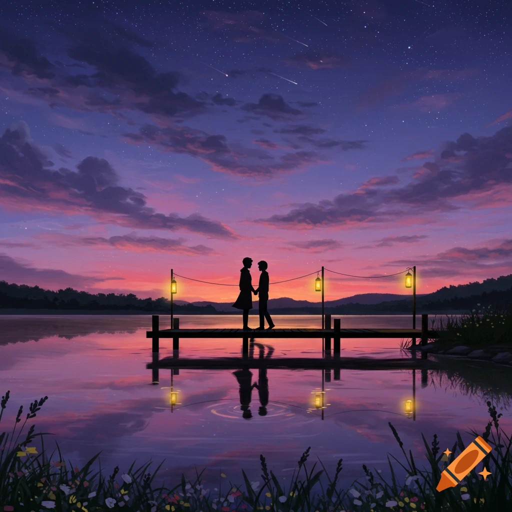 Two silhouetted figures hold hands on a pier over a lake at a vibrant pink and purple sunset with stars.