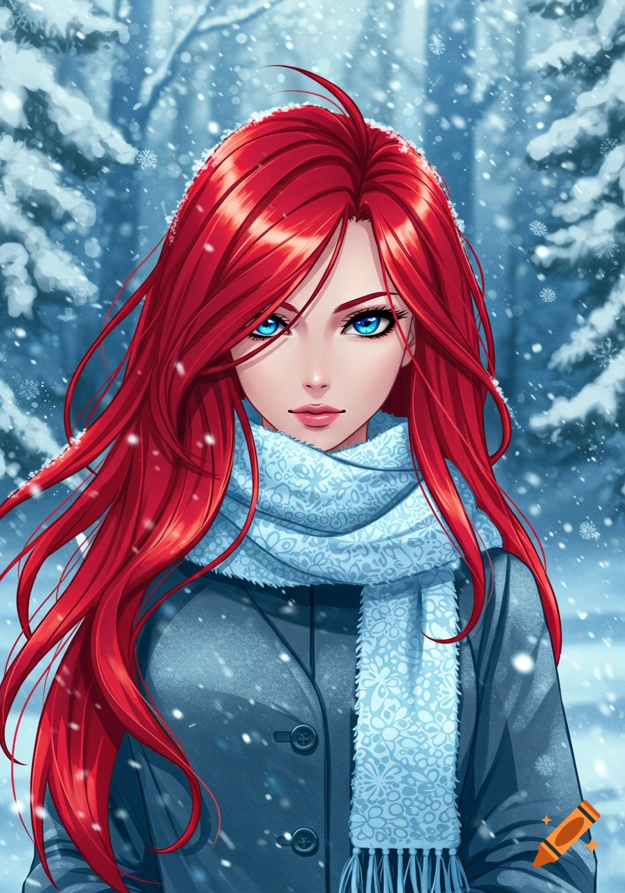 Anime girl with long red hair and bright blue eyes, wearing a blue coat and scarf in a snowy forest.