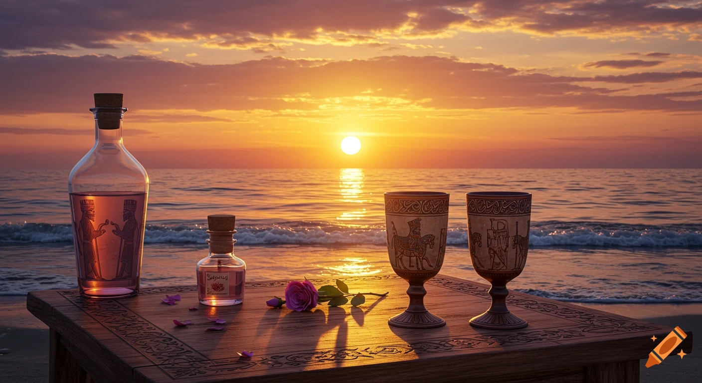 A wooden table on a beach at sunset with bottles of rosewater, ornate goblets, and a pink rose, ocean in background.
