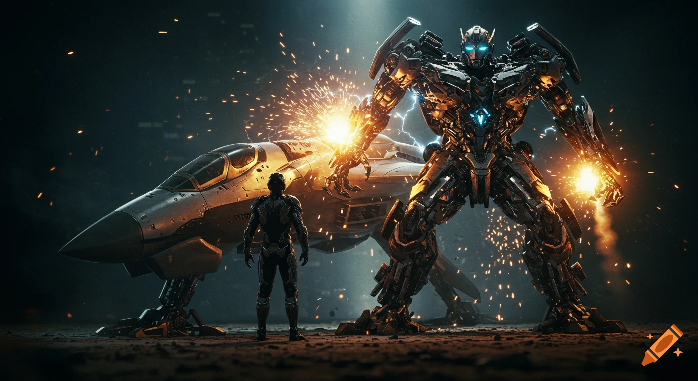 A person faces a giant, glowing robot and a jet, amidst sparks and energy in a dark, cinematic sci-fi scene.