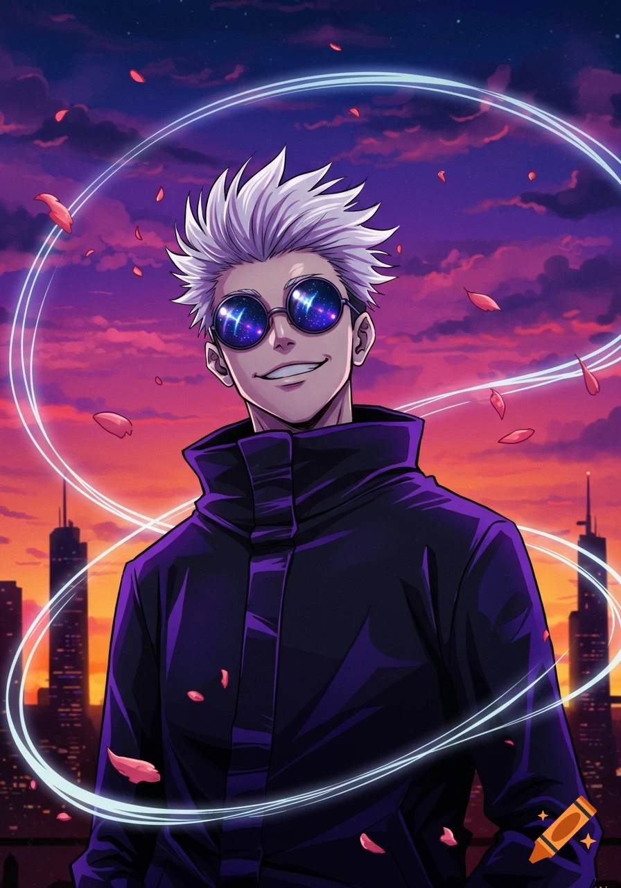 Anime man with white spiky hair and galaxy sunglasses smiles against a purple and orange city sunset, with light trails.