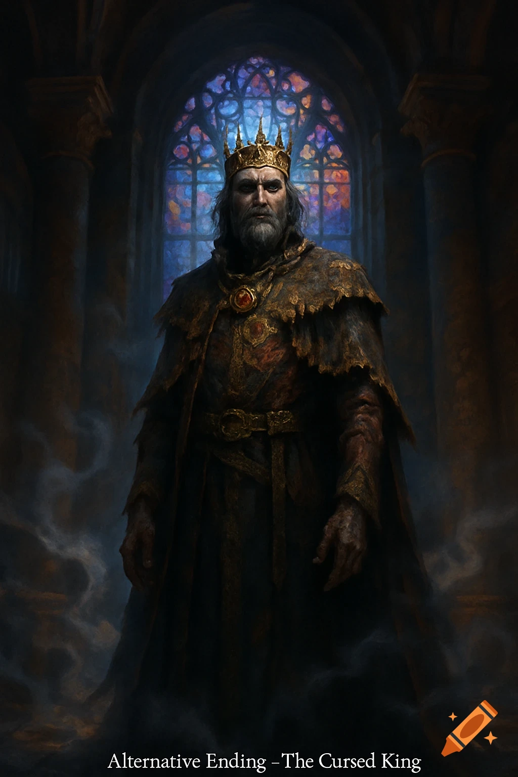 A stern, bearded king in ornate, tattered robes stands in a dark hall before a stained glass window. Painterly style.