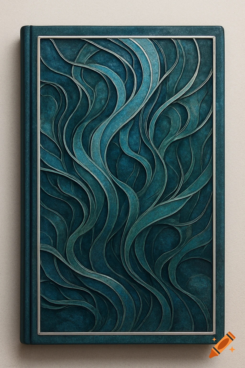 Dark blue-green book cover with an embossed wavy, organic pattern and a silver border.