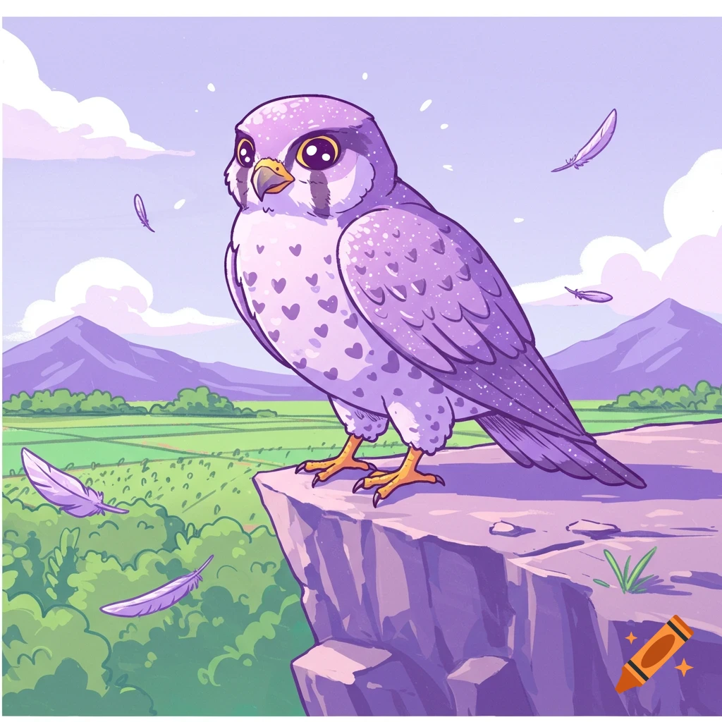 A cute cartoon purple falcon with heart patterns stands on a cliff overlooking a green and purple landscape.