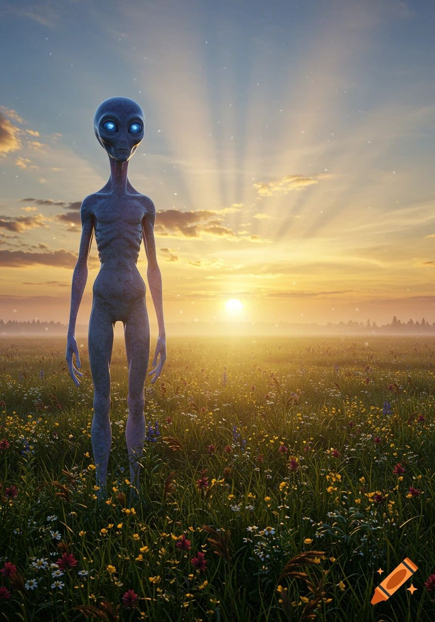 A tall, slender grey alien with large glowing blue eyes stands in a vibrant field of wildflowers at sunset with sunrays beaming from the sky.