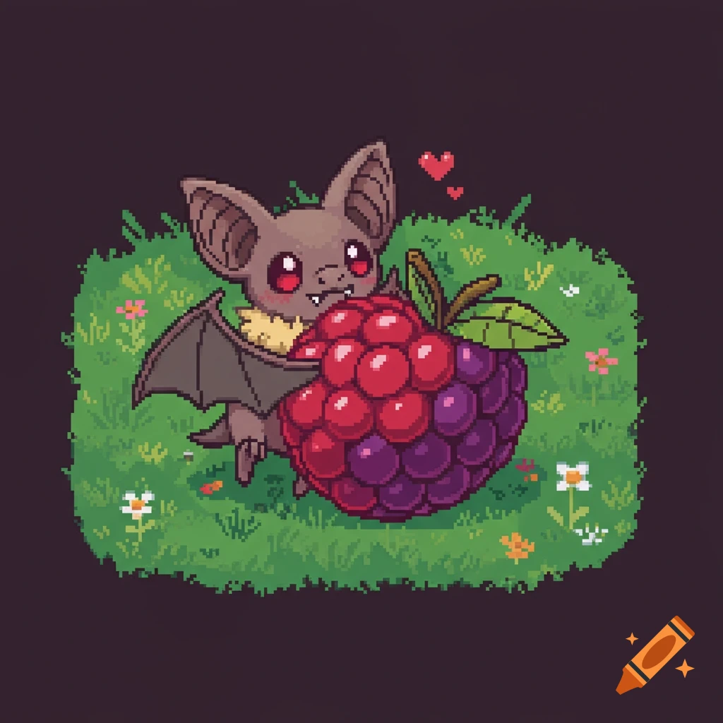 Cute pixel art bat with red eyes and tiny fangs hugging a giant red and purple berry in green grass with small flowers.