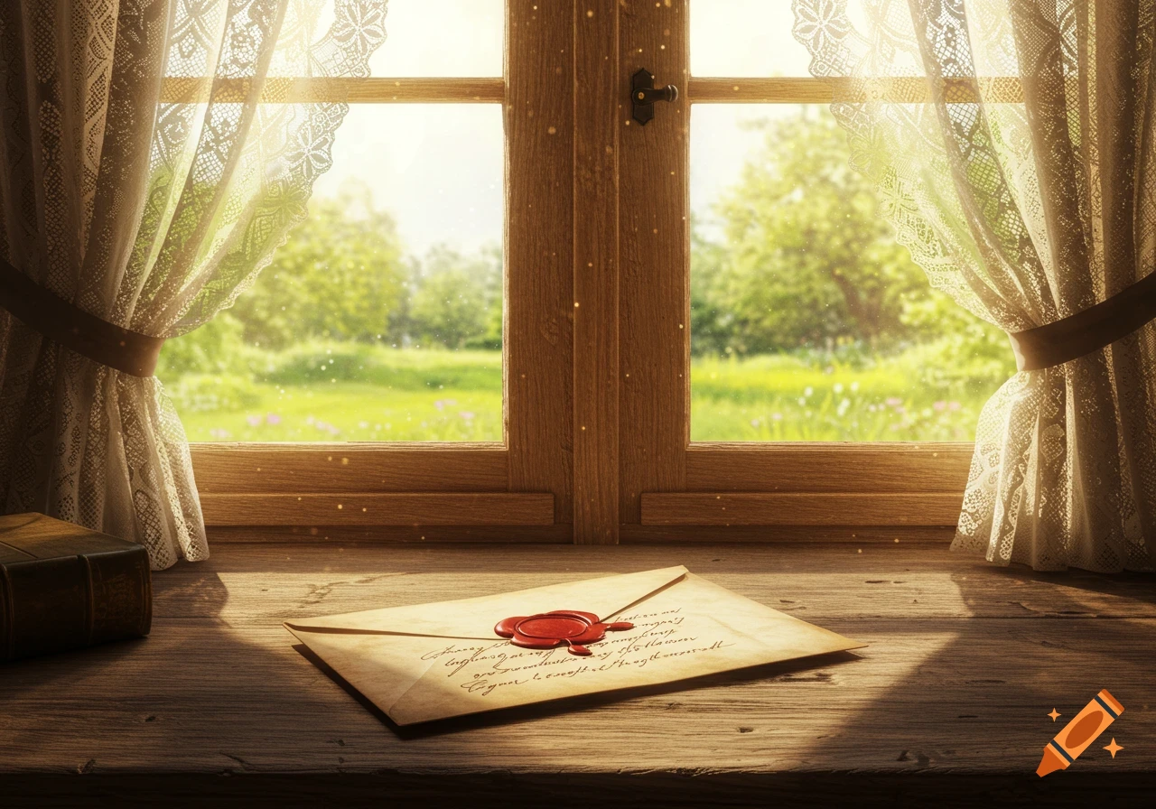 A sealed letter rests on a sunlit wooden table by a window with lace curtains, overlooking a vibrant green landscape.