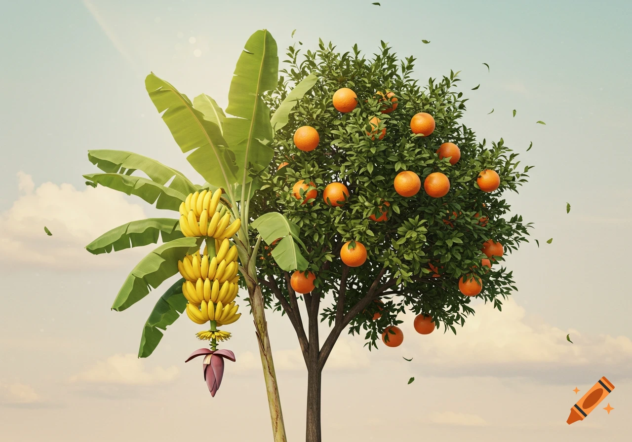 A unique plant with a banana tree on the left, full of yellow bananas and a flower, and an orange tree on the right, laden with oranges.
