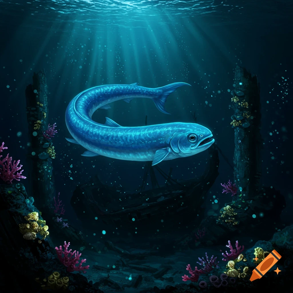 A large, luminous blue fish swims in a deep blue underwater scene with sun rays, coral, and a sunken ship.