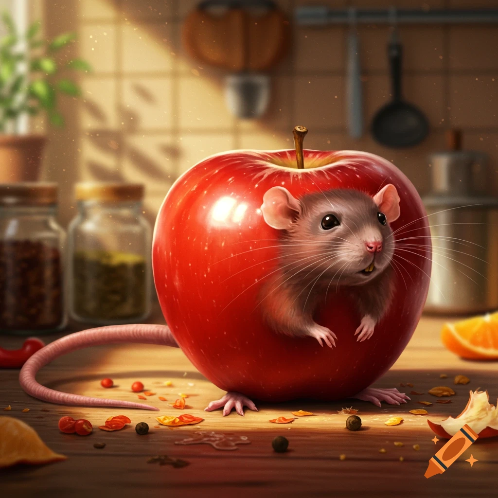 A cute brown rat peeks out from a large red apple on a wooden kitchen counter.