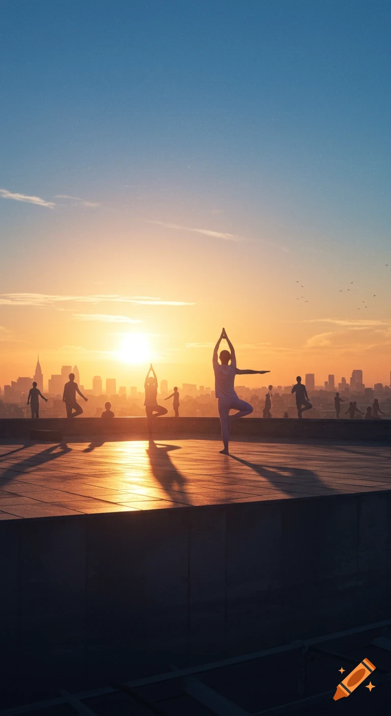 People do yoga on a city rooftop at sunrise, silhouetted against the bright sun and a sprawling skyline. Warm light, deep shadows.