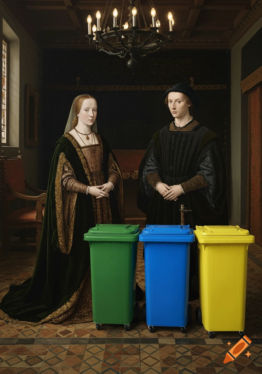 Renaissance-style portrait of a man and woman in historical attire standing with green, blue, and yellow wheelie bins.