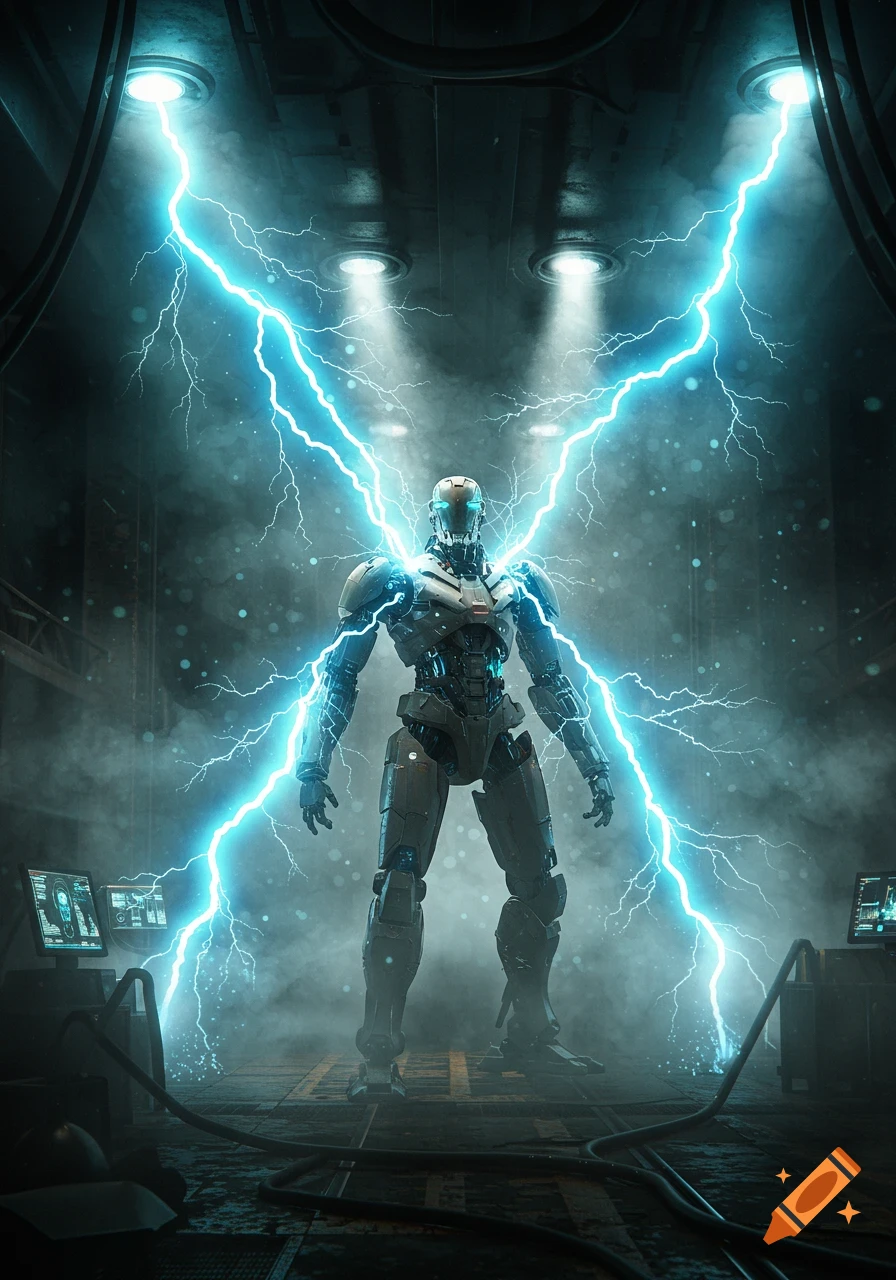 A humanoid robot in a futuristic lab, engulfed by bright blue lightning bolts and smoke.