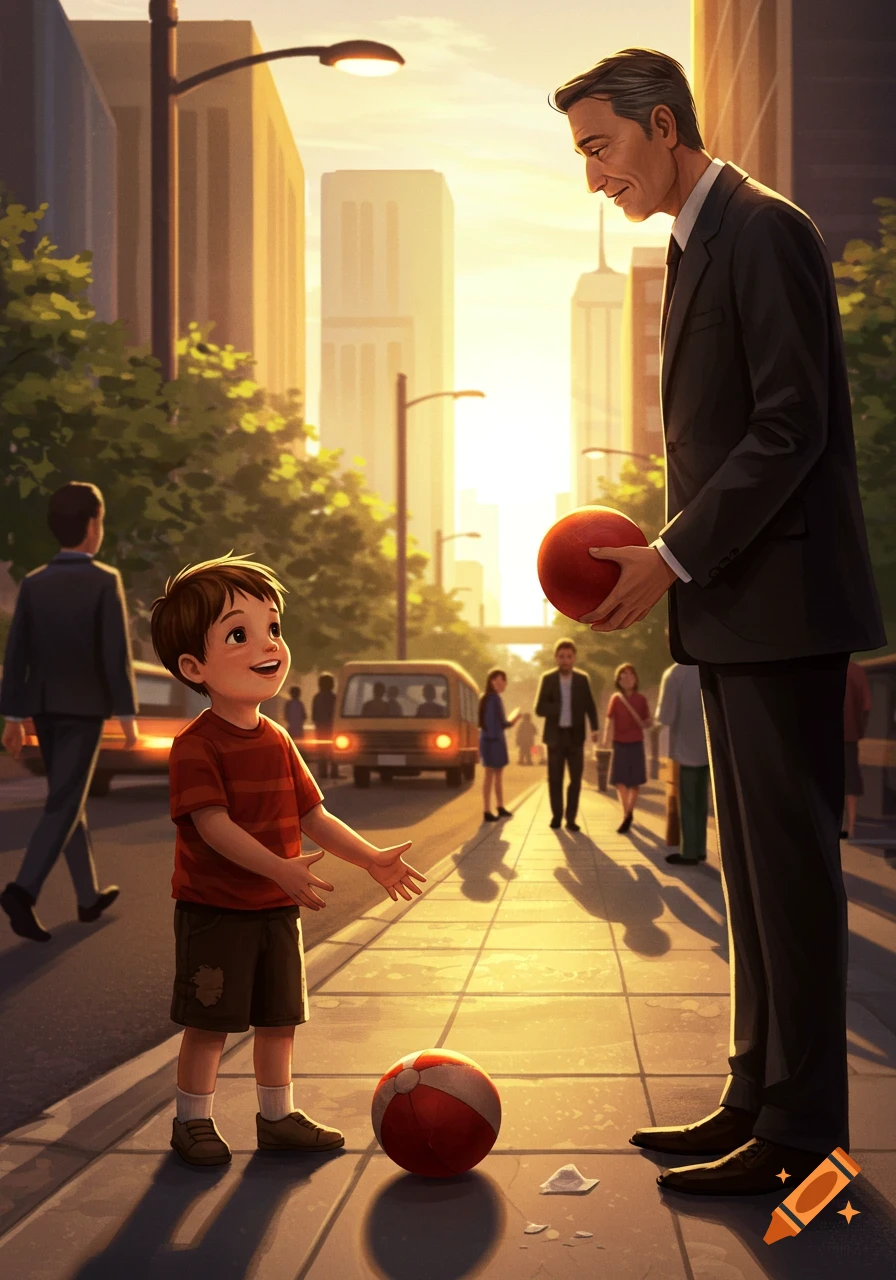 A man in a suit returns a red ball to a smiling young boy on a sunny city sidewalk, with buildings in the background. Illustrative style.