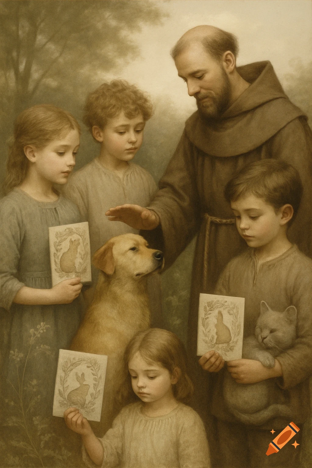 A sepia-toned painting depicting a robed man with a beard, surrounded by four children and a dog and a cat. The children hold cards with rabbit images.