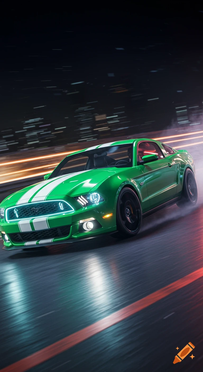 A vibrant green Mustang GT drift car with white racing stripes speeds down a city street at night, trailing smoke and illuminated by neon lights.