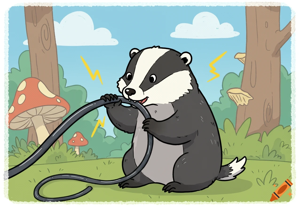 A cartoon badger bites a black cable in a forest with mushrooms.