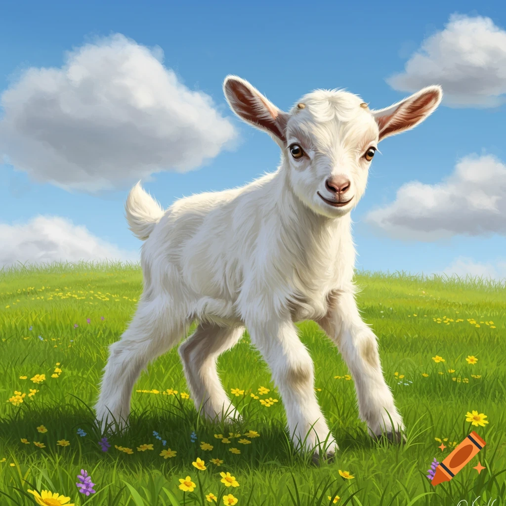 A fluffy white baby goat stands in a green field with yellow and purple flowers under a blue sky with white clouds.