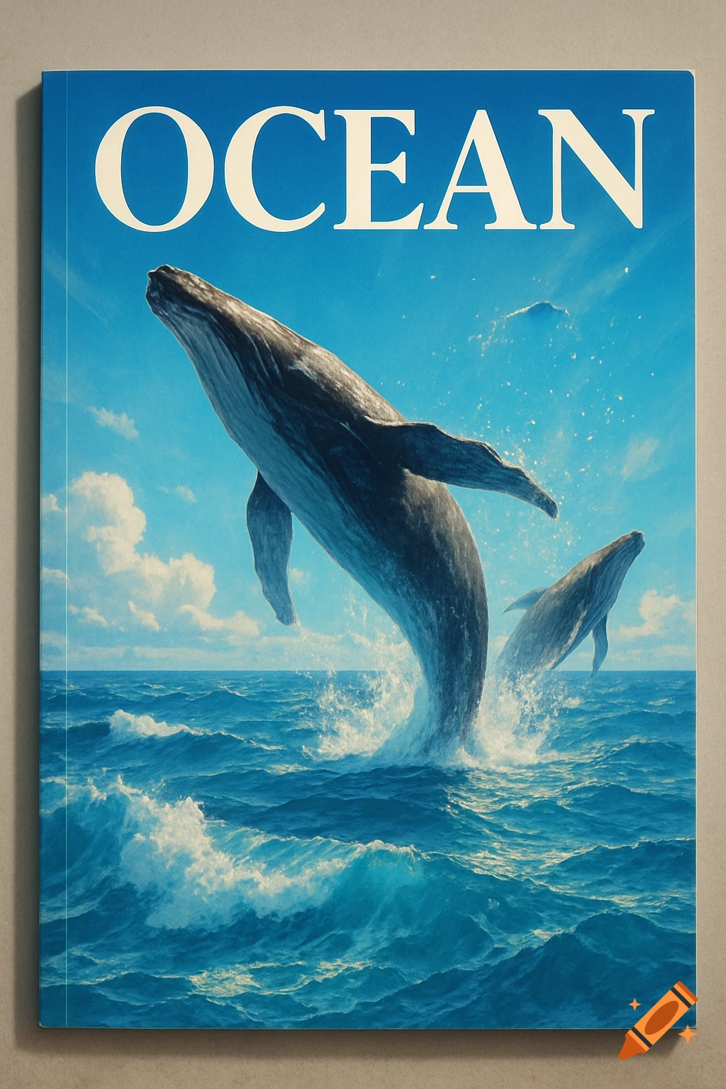 Photorealistic magazine cover titled 'OCEAN' with two whales breaching from blue ocean waves under a bright sky.