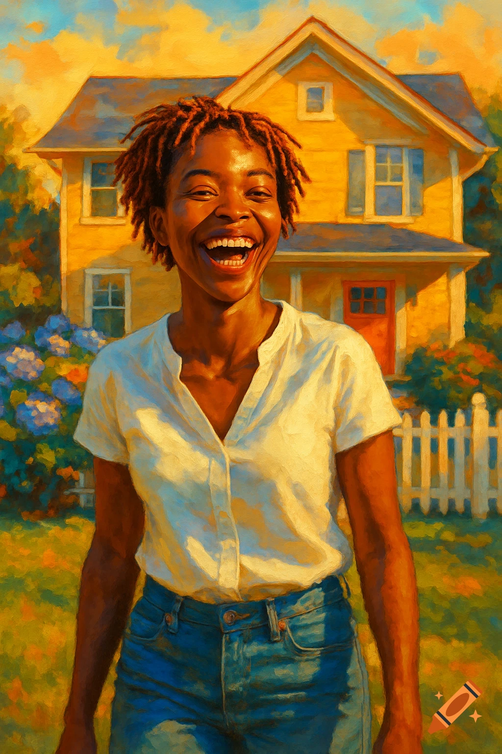 Joyful African American woman with dreadlocks laughs in an oil painting, standing before a sunlit yellow house.