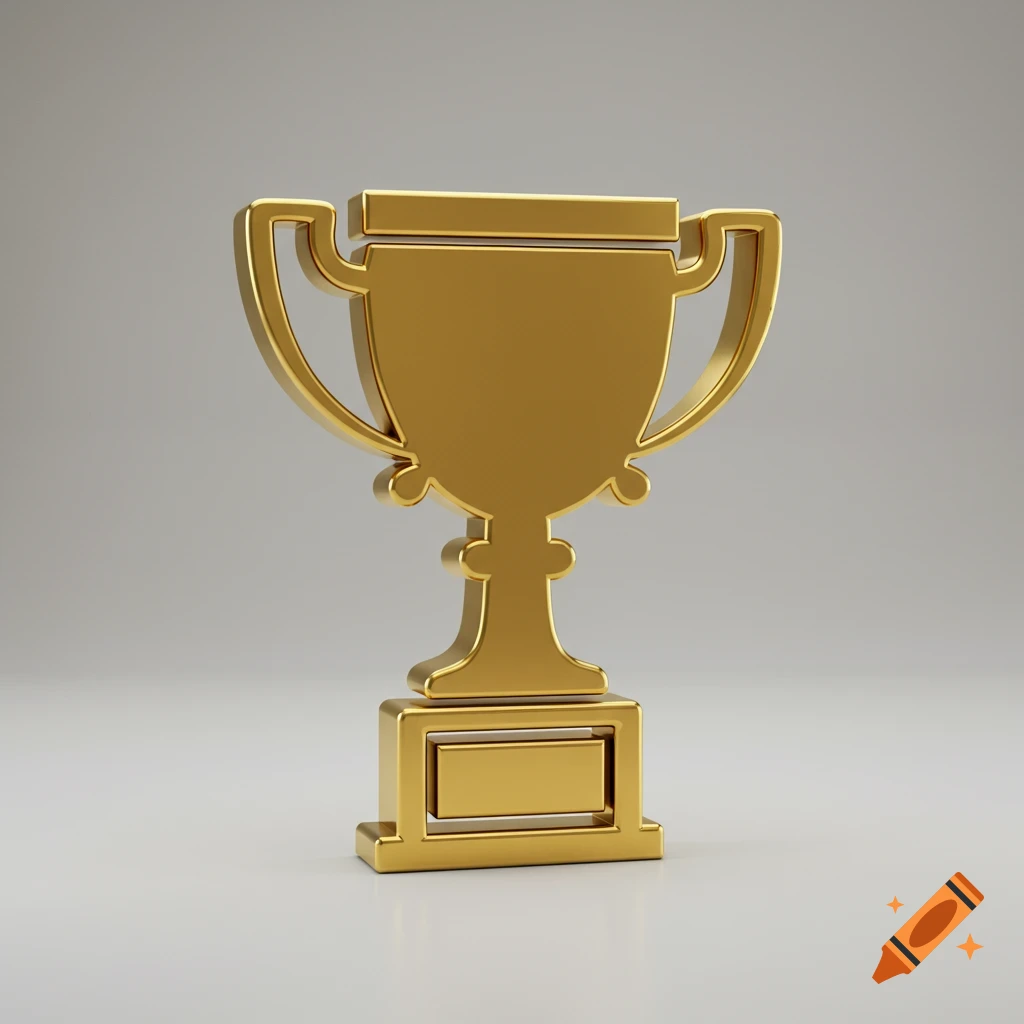 A gleaming golden trophy with handles and a base stands on a light grey surface.