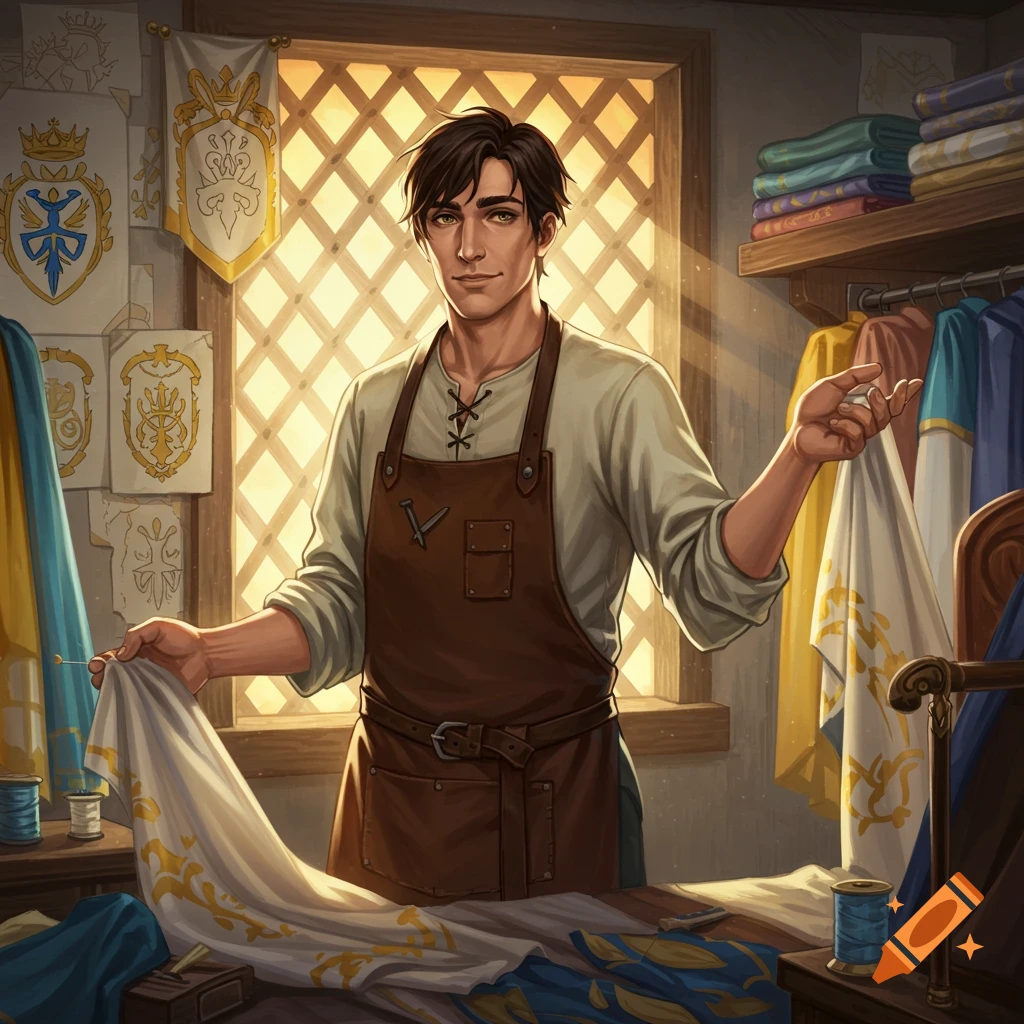 A smiling fantasy tailor in a leather apron works with gold-patterned fabric in his sunlit workshop.
