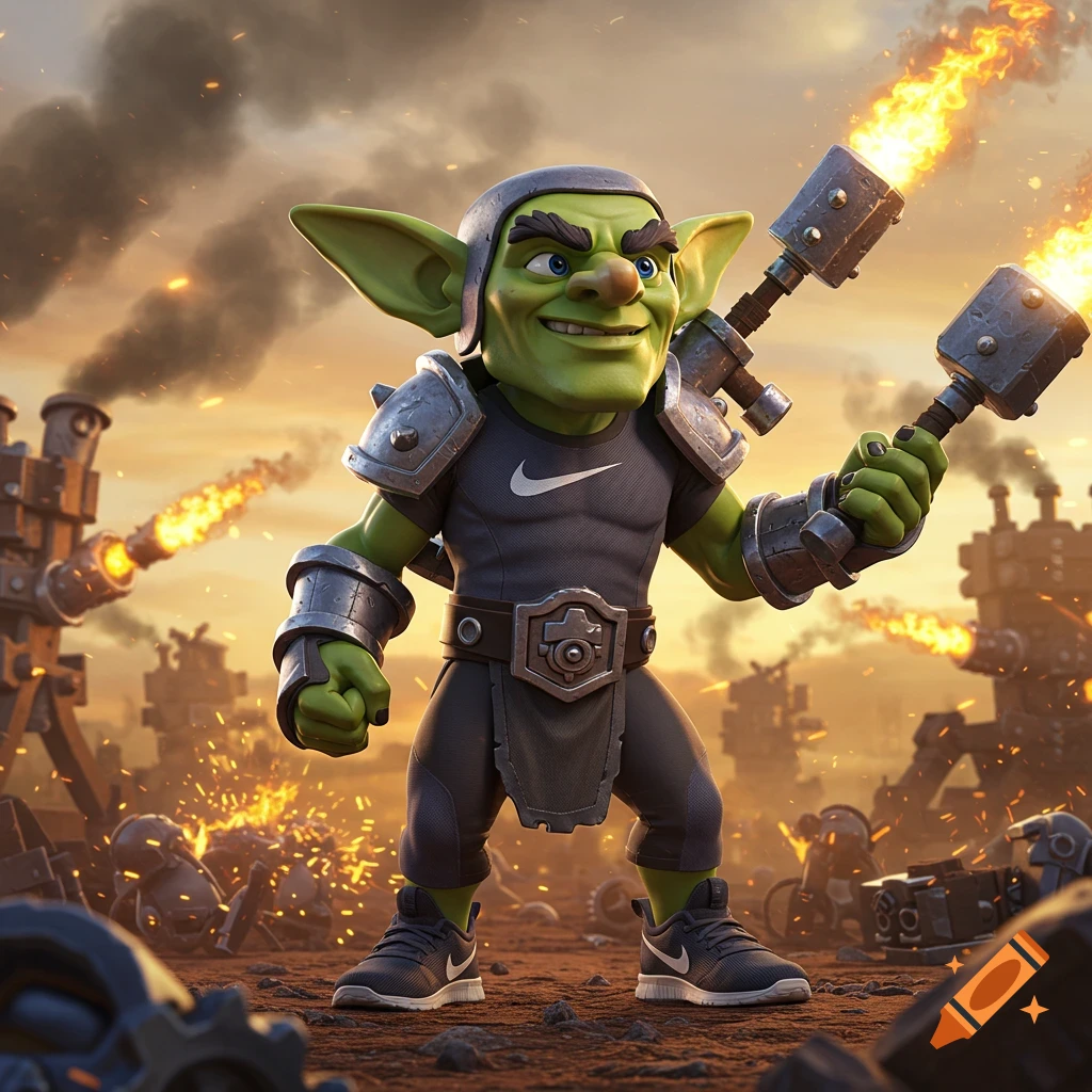 A photorealistic, mischievous green goblin in a Nike shirt and armor, wielding two flaming maces, stands in a fiery, industrial battlefield.