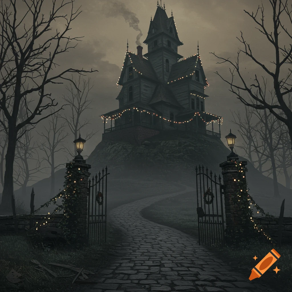A spooky, gnarled house on a hill, surrounded by bare trees and fog, adorned with festive Christmas lights. A cobblestone path leads through an open gate towards the house.
