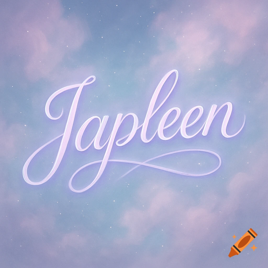 The name "Japleen" in glowing light purple cursive script, set against a pastel blue and pink cloudy sky with small stars.