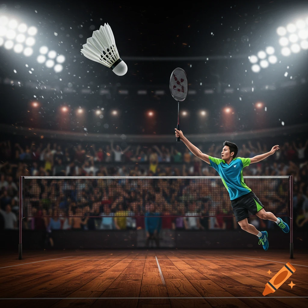 A male badminton player jumps mid-air to hit a shuttlecock with his racket during a match in a brightly lit stadium.