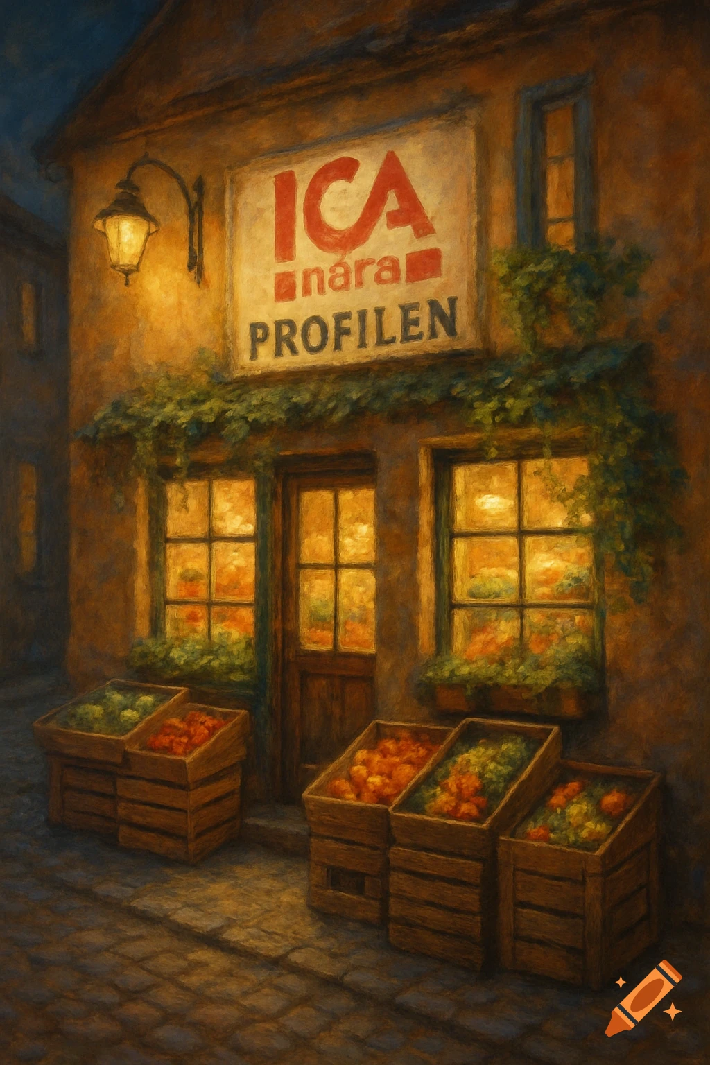 A painterly depiction of the ICA n ära PROFILEN shop front at night with glowing windows and crates of produce on a cobblestone street.