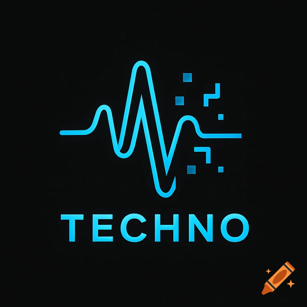 Blue neon-style waveform with data points and the word "TECHNO" on a black background, in a modern, stylized logo.