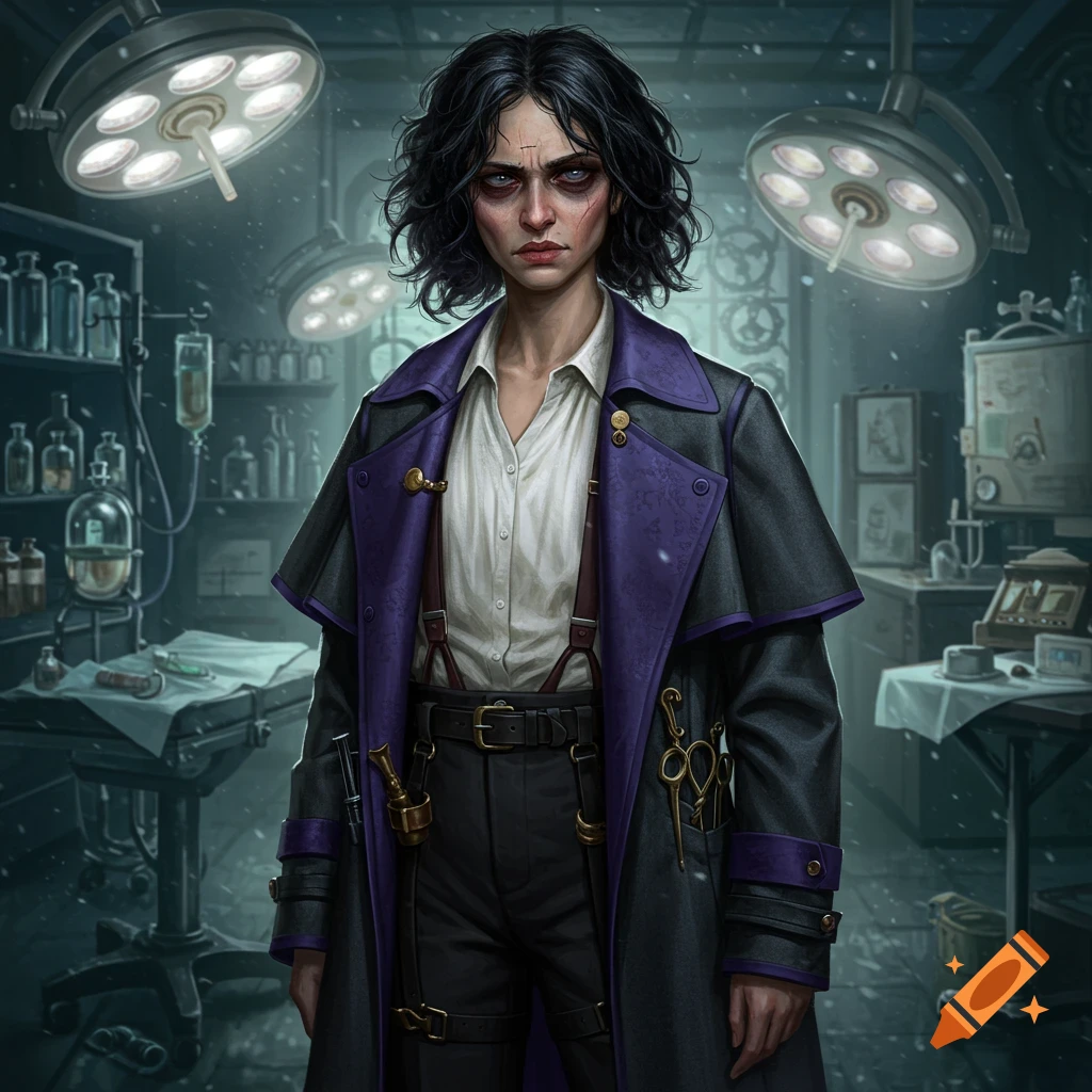 Hyperrealistic digital illustration of a weary woman with dark hair and a scar, wearing a purple and black coat, in a steampunk medical lab.