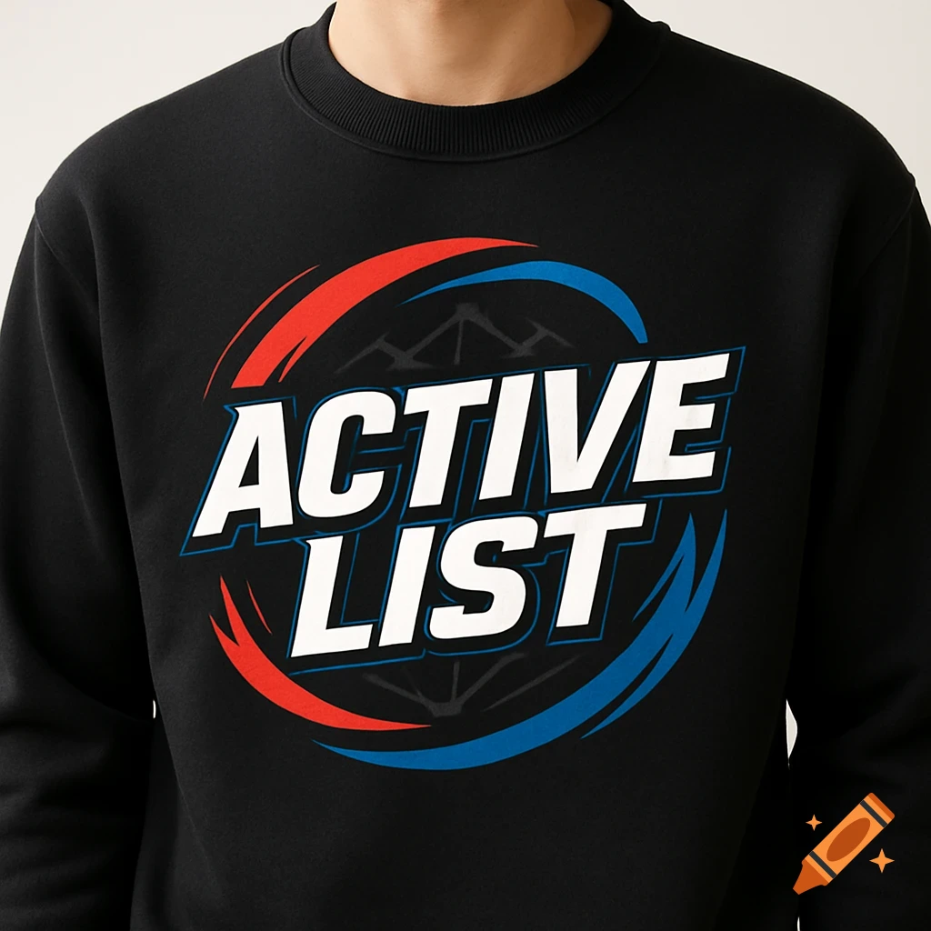 Close-up of a person wearing a black sweatshirt with a 'ACTIVE LIST' logo featuring red and blue swooshes.