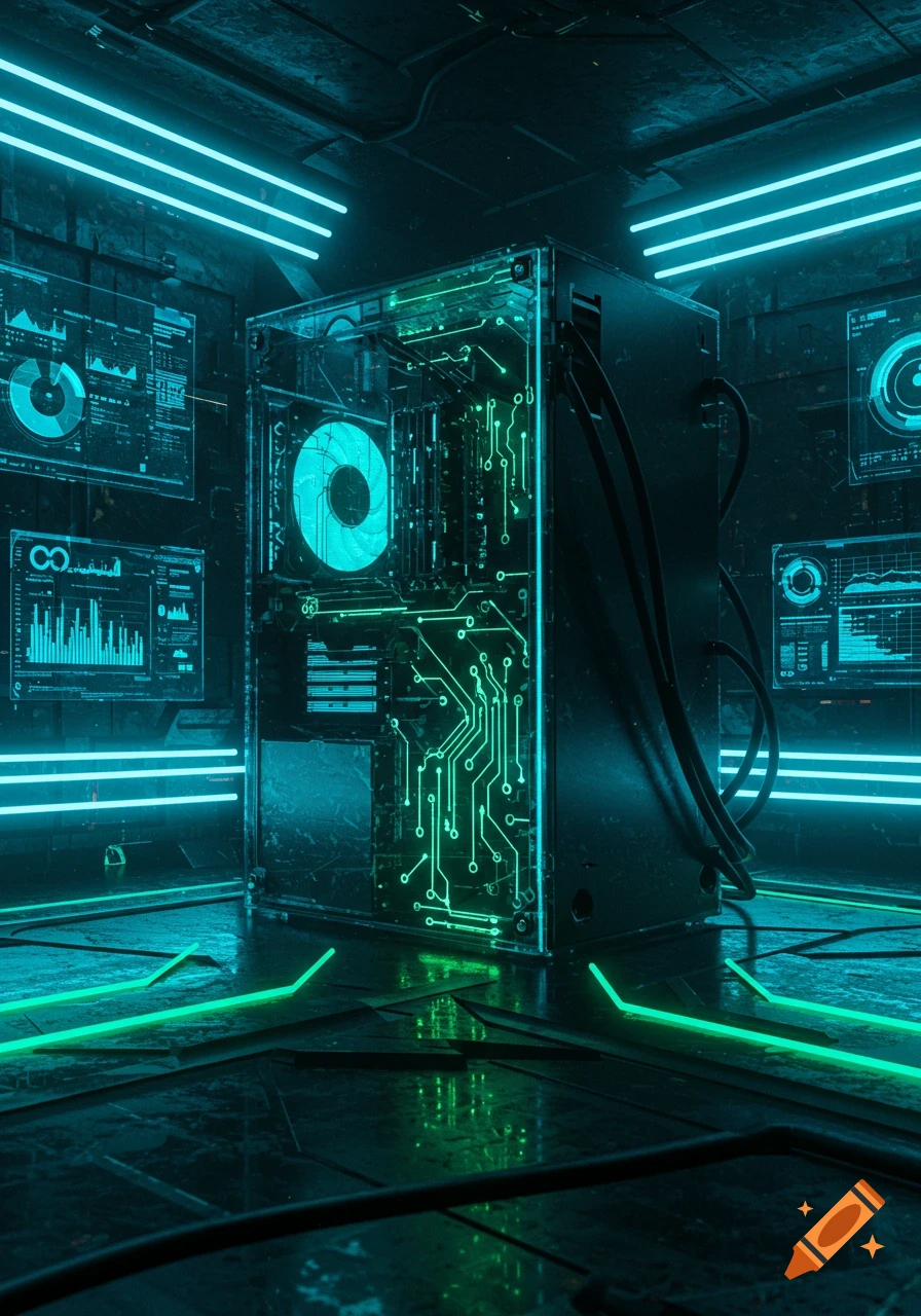 Futuristic computer with glowing green circuits in a transparent case, surrounded by blue neon light displays.