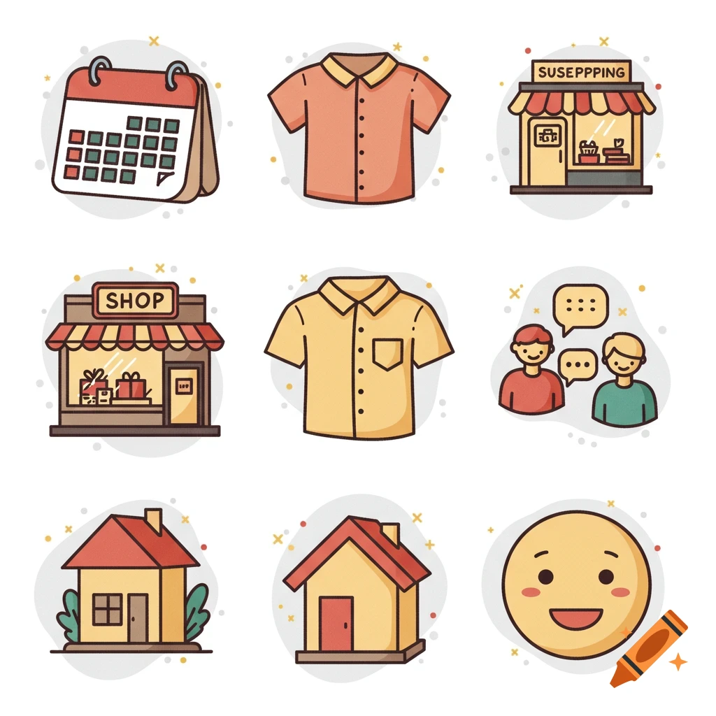 Cartoon visual cue cards with icons of a calendar, shirts, shops, people, houses, and a smiling face.