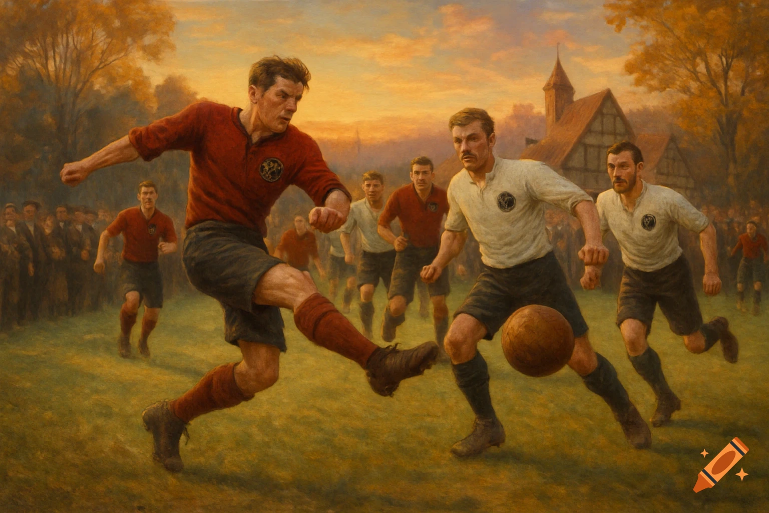 Painting of a vintage football match with players in red and white jerseys on a grassy field at sunset, with a village in the background.