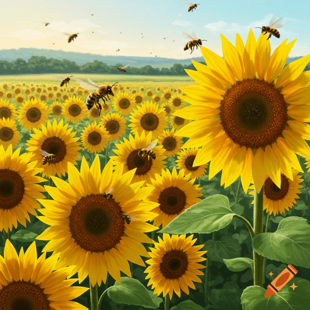A vibrant field of yellow sunflowers under a blue sky, with many bees flying around and pollinating the flowers.