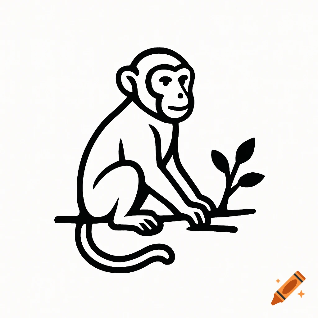 A monochrome outline logo of a monkey sitting on a branch with leaves.