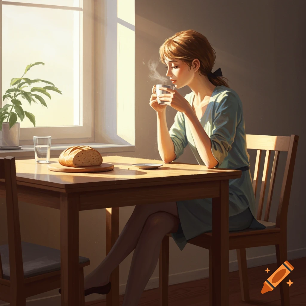 Painting of a woman drinking tea at a sunlit kitchen table with bread and water, in a minimalist style.